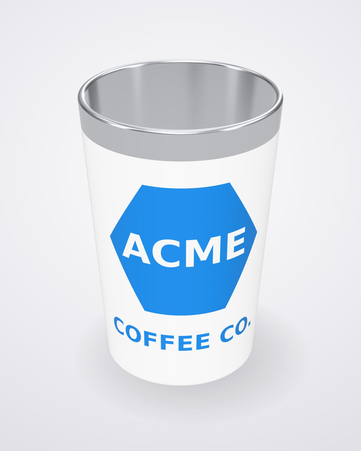 Close-up of a custom printed 12 oz coffee tumbler showing the logo wrapping around the cup and the steel rim (3D mockup)