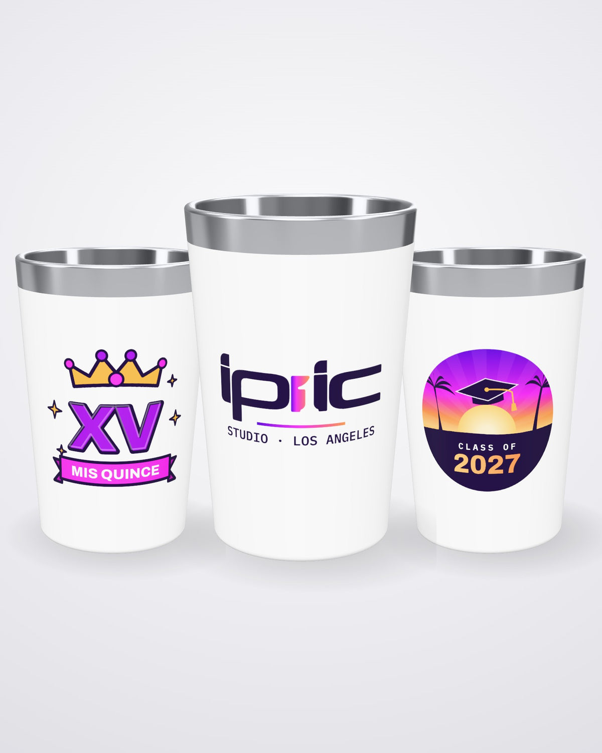 Three custom 12 oz coffee tumblers printed with different full-colour designs (3D mockup)