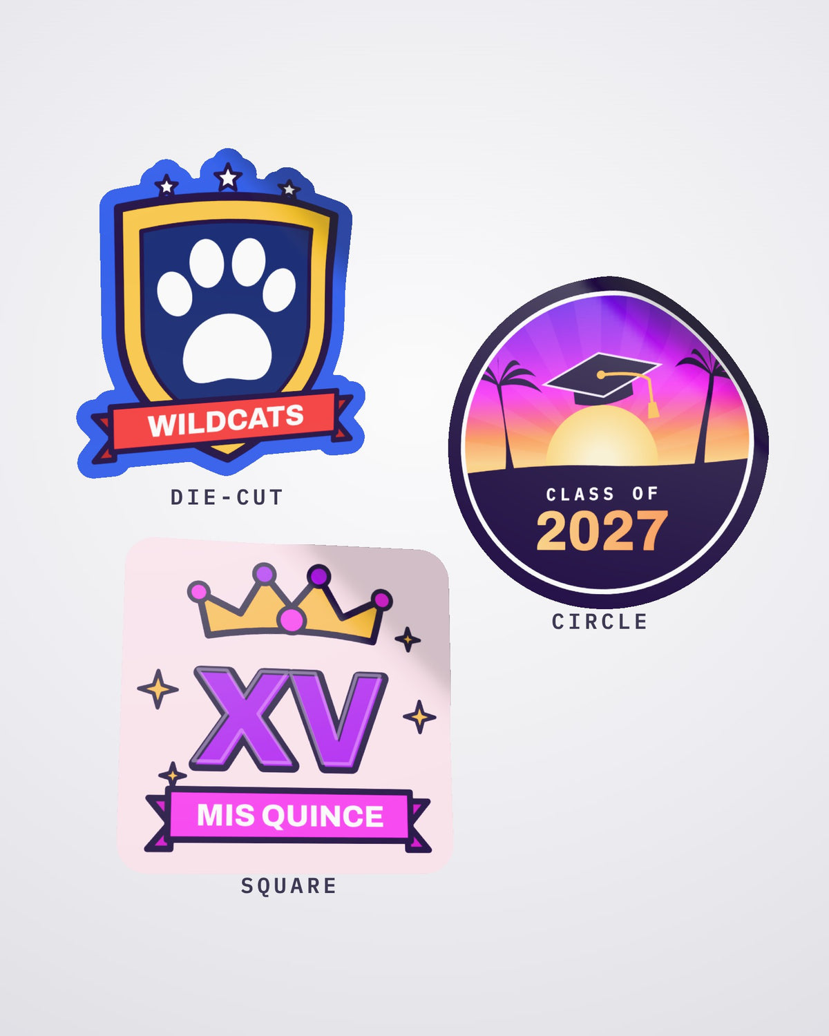 Custom 3 inch stickers in three shapes: die-cut, circle and square with rounded corners (3D mockup)