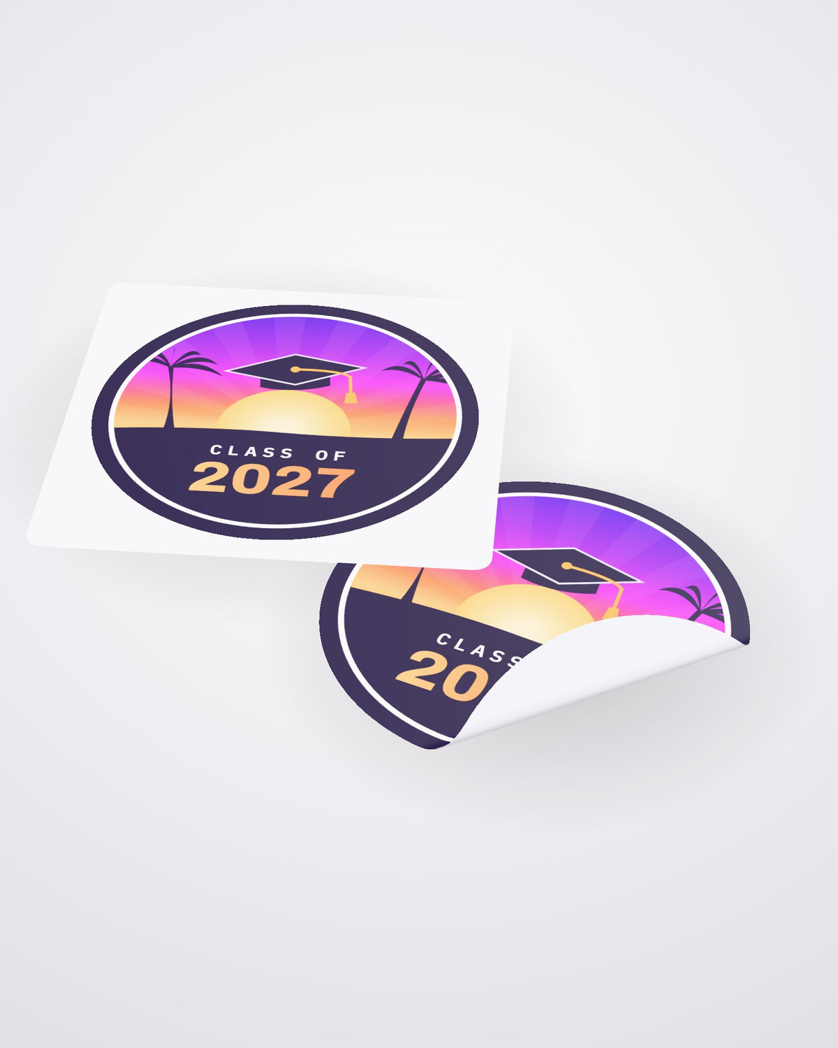 Glossy 3 inch circle stickers: one on its backing sheet, one peeling up to show the white adhesive side (3D mockup)