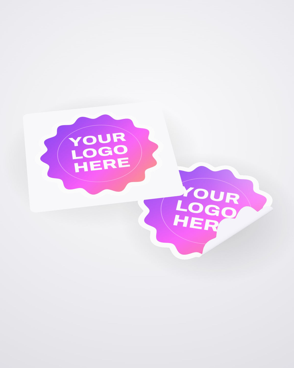 Custom 3 inch die-cut vinyl sticker with your logo on its backing sheet, a second sticker peeling up, printed by iPic Studio (3D mockup)