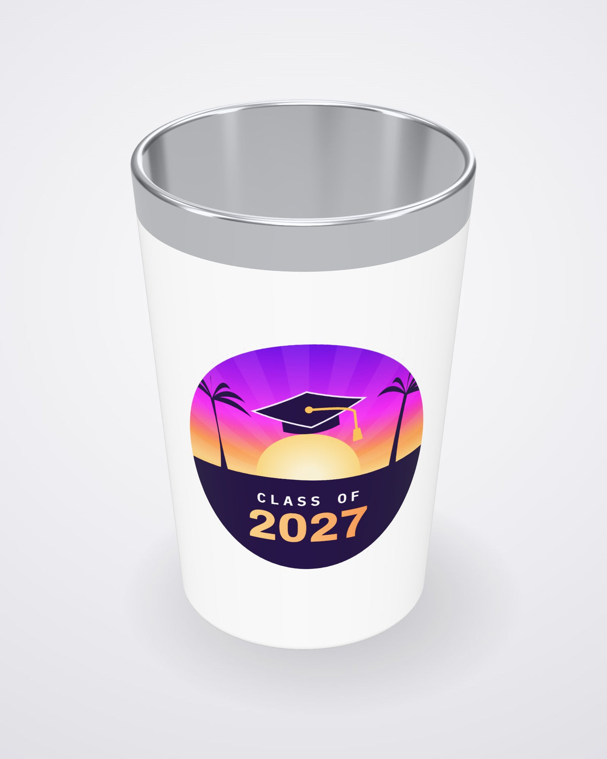 Close-up of a 12 oz coffee tumbler printed with a Class of 2027 graduation design (3D mockup)