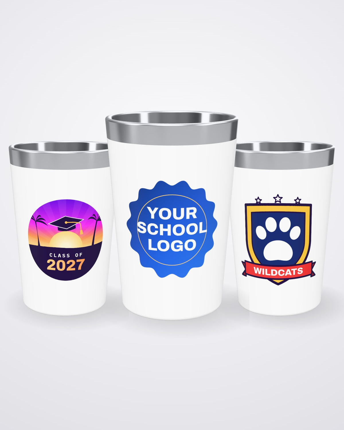 Three 12 oz coffee tumblers with school designs: a graduation badge, your school logo and a mascot crest (3D mockup)