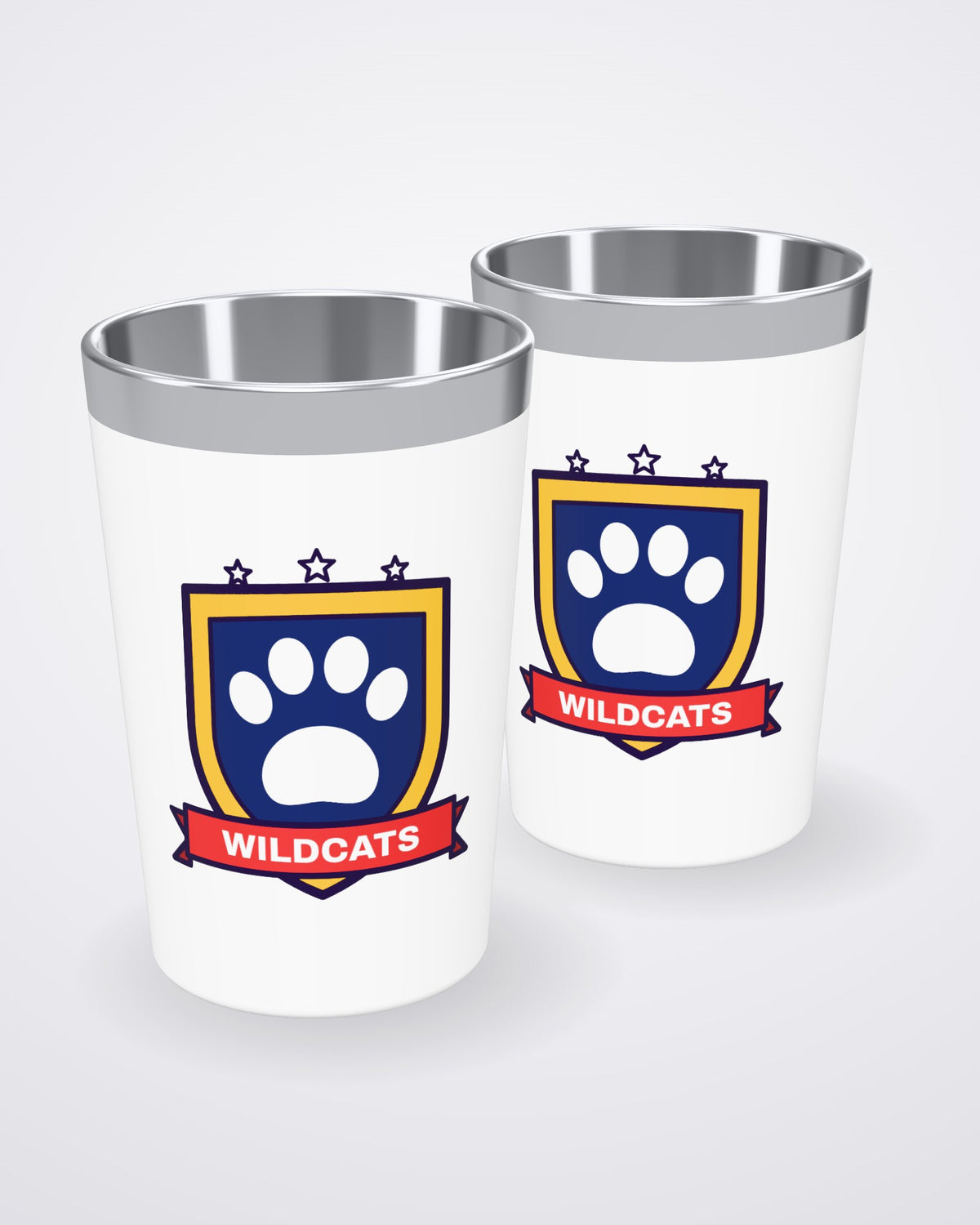 Two custom 12 oz coffee tumblers printed with a school mascot crest, by iPic Studio (3D mockup)